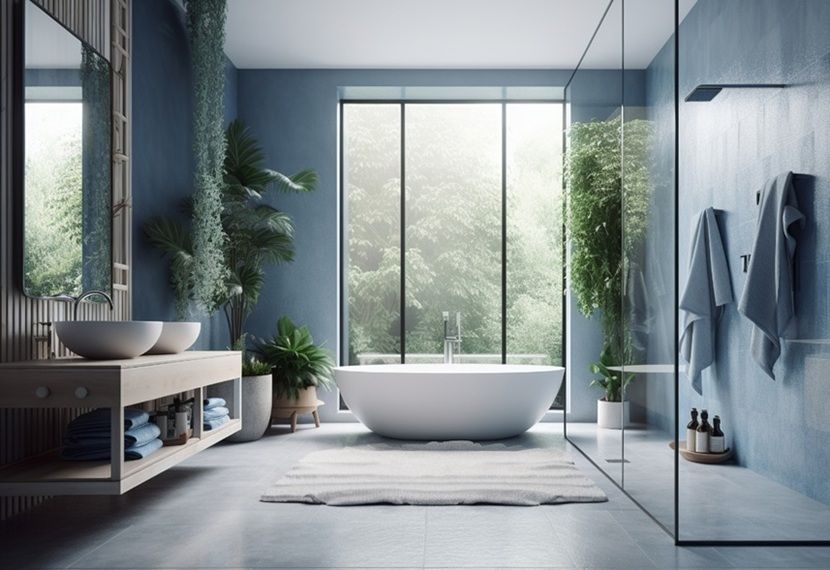 Nowoczesna łazienka z dużymi oknami – przykładowe zastosowanie folii w płynie jako hydroizolacji